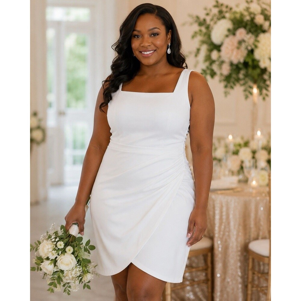 Xintianji White Dress L NWT Ruched Rosette Wrap Bridal Cocktail Bodycon Mini